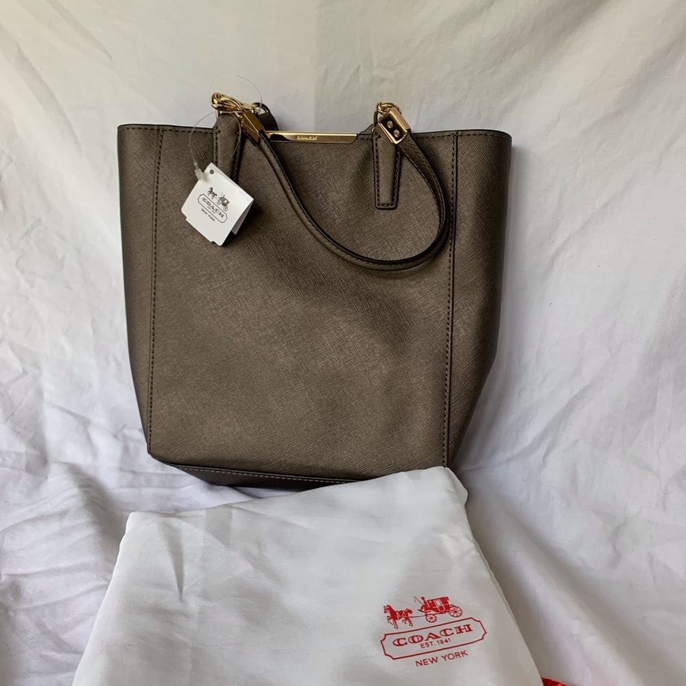 Coach Madison Saffiano Leather Mini North/South Tote In Light Gold and Bronze